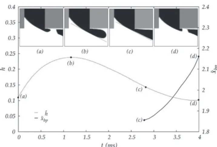 Fig. 11. Comparison of the bubble thread just before being squeezed in (a) experiments and (b) numerical simulations