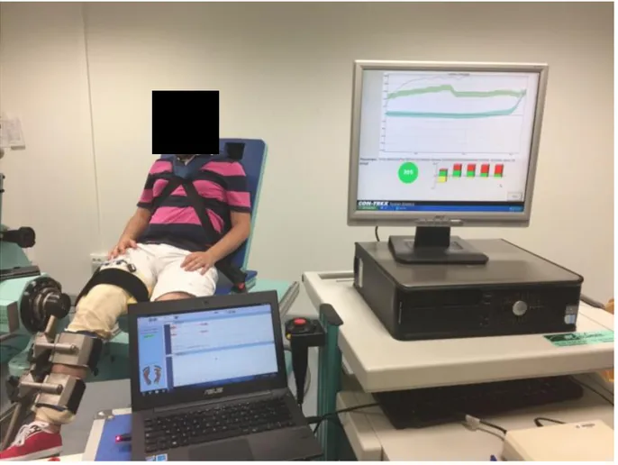 Figure  7 :  photographie  réalisée  lors  du  protocole  de  fatigue  isocinétique,  au  cours  d’une extension active concentrique du genou, en mode entrainement