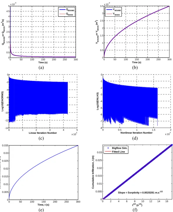 Fig. 4.6:  B IG F LOW  simulation results for horizontal infiltration case into medium sand (PM1): 