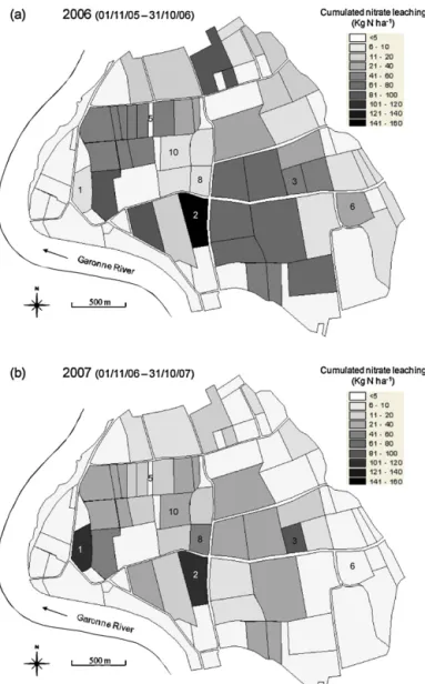 Fig. 5. Spatial distribution of simulated nitrate leaching at 1.2 m depth under all ﬁelds in the study area (a) in 2005–2006 and (b) in 2006–2007.