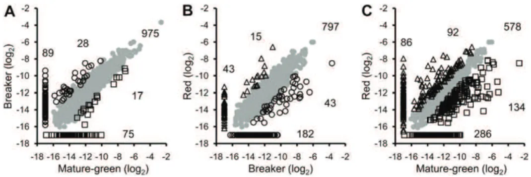 Figure 4. Scatter plots comparing log 2 protein abundance between two differentiation stages of tomato fruit plastids