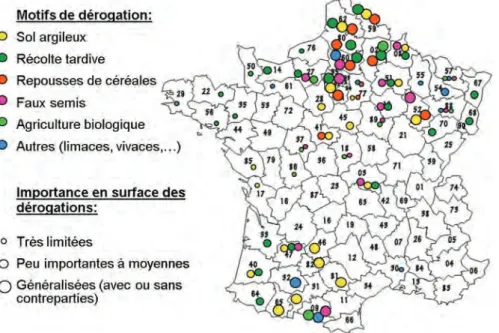 Figure 4. Localisation et  importance (en surface) des  différents motifs de dérogations 