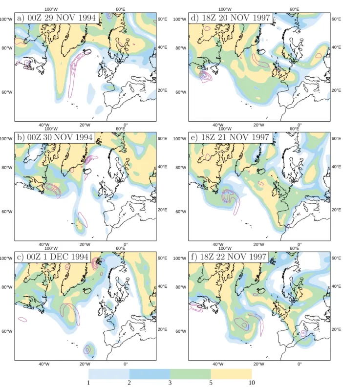 Figure 3. Relative vorticity at the 850-hPa level (purple contours: first contour is 10 4 s 1 and interval is 5 10 5 s 1 ) and PV at the 315-K level (shading, units: PVU) for two particular weather regime transitions