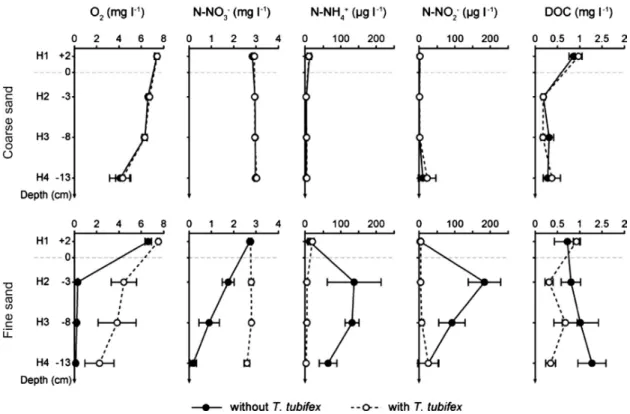 Figure 4. Eﬀect of T. tubifex on depth profiles for O 2 , N-NO 3  , N-NH 4  , N-NO 2   and DOC concentrations determined at four depths  (from H1: 2 cm above sediment interface, to H4: 13 cm below sediment interface) after 36 days in sediment columns co
