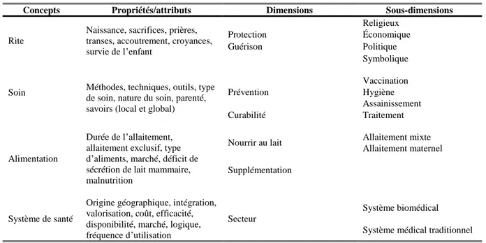 Tableau 6 : Attributs et dimensions des concepts issus de la codification sélective 