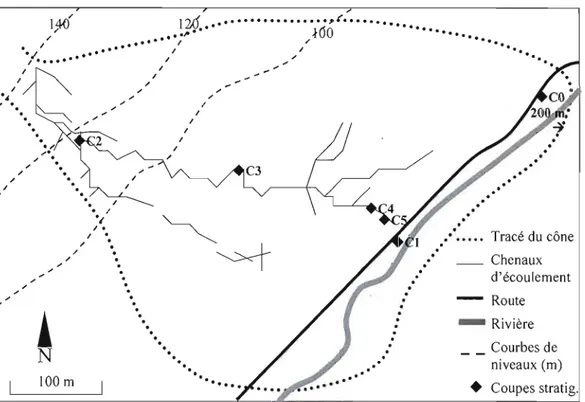 Figure  3.2  Tracé  du  cône  de  déjection,  des  principaux  chenaux  d'écoulement  et  emplacement des coupes stratigraphiques