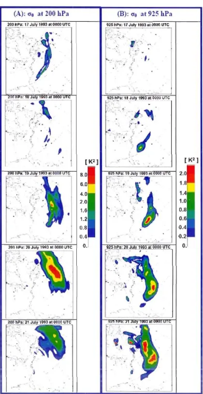 Figure  3:  Field  of inter-member  variance  for  the  potential  temperature  at  (A)  200 hPa and  (B)  925 hPa, during the period of large increase of IV from  17  to 21 