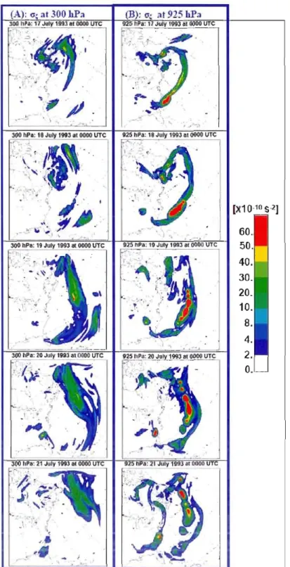 Figure 4:  Field of inter-member variance for the relative vorticity at (A) 300 hPa  and (B)  925  hPa, during the period of the large increase of IV from 17 to 21  J uly  (see Fig