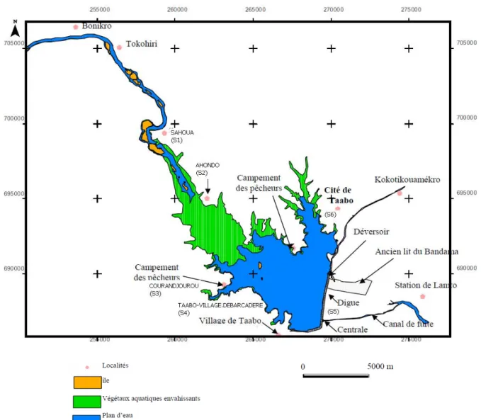Figure 5. Carte du lac Taabo. Cette carte a été réalisée à l’aide des images corrigées  Landsat 1990-196 du 30 décembre 1990 et Landsat 2001-196 du 18 février 2001 