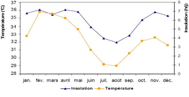 Figure 7. Variation mensuelle de la température et de l’insolation moyenne en 2007  dans le bassin du Bandama
