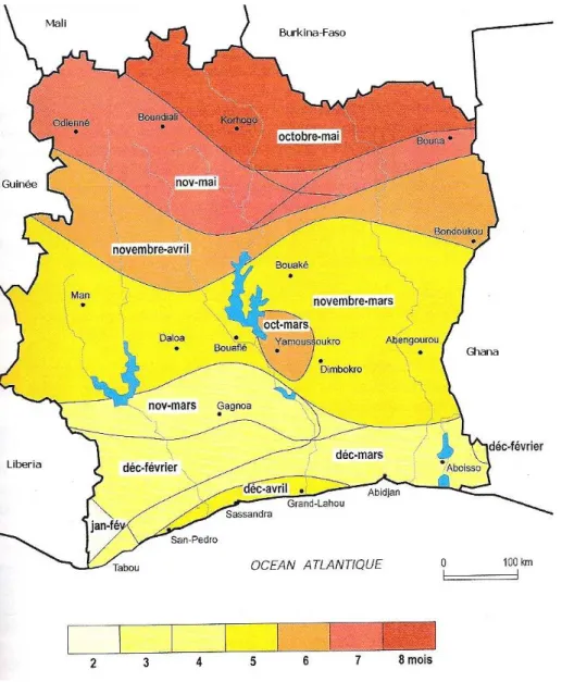 Figure 9. Carte des Durées de la saison sèche en Côte D’ivoire (Source: ORSTOM  1979)