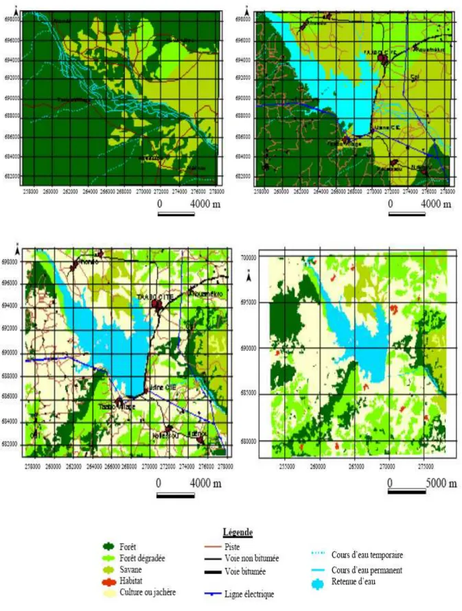 Figure 12. Carte montrant l’occupation du sol dans de la région de Taabo en 1975 (en  haut à gauche), en 1982 (en haut à droite), en 1990 (en bas à gauche) et en 2007 (en 