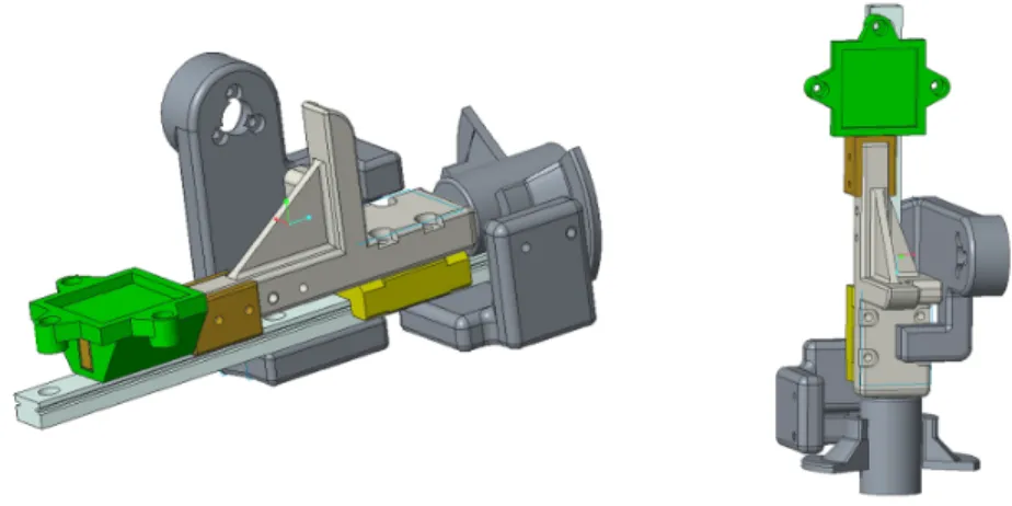 Figure 2.2 – Modélisation 3D de l’impacteur et du support pour accueillir l’accéléromètre sur le chariot coulissant (en vert)