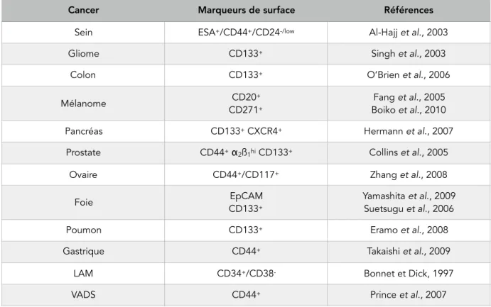 Tableau 4. Expression de marqueurs de surface spécifiques de CSC dans différents cancers
