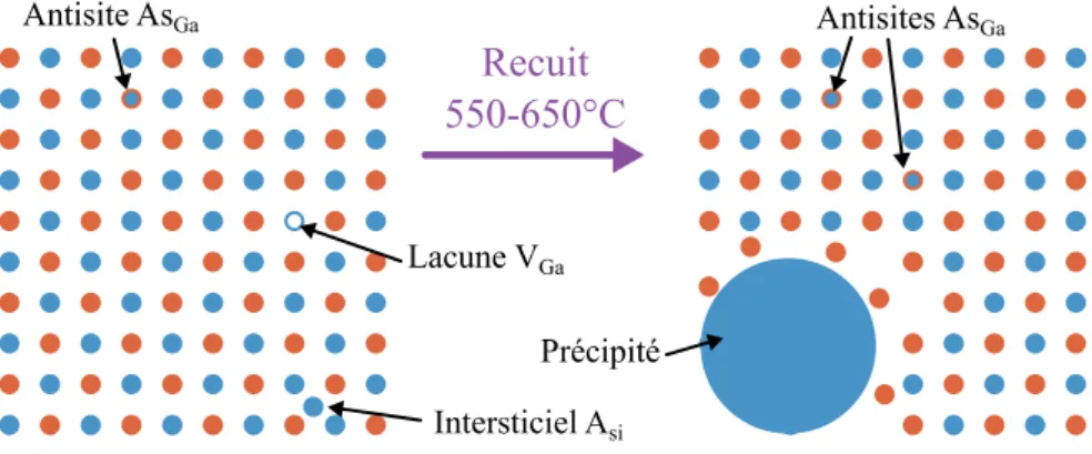 Figure 2-3 : Représentation schématique d’un cristal d’AsGa-BT avant et après recuit. 