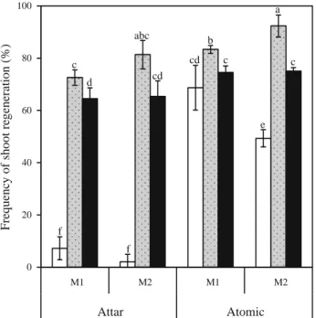Fig. 2 Effect of light/dark pre-incubation period on frequency of shoot regeneration of Pelargonium capitatum cv