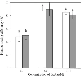 Fig. 4 Effect of IAA concentration on rooting of regenerated plantlets of Pelargonium capitatum cv
