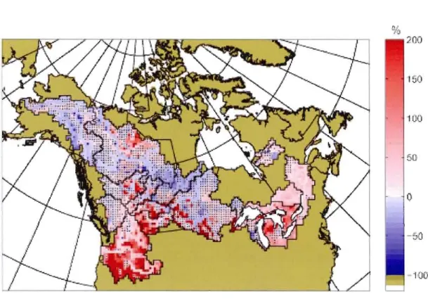 Figure 7.  Spatial  distribution  of the  boundary forcing  enors associated  with  the  30-year mean  summer  (JJA)  streamtlows  (in  %)