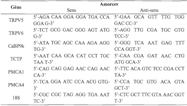 Tableau 2.2  : Amorces sens et an ti-sens des  gènes codant pour les protéines  impliquées dans le  transport du calcium 