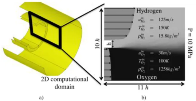 Figure 3.1: a) Typical coaxial injector of a LRE. b) Boundary conditions for the 2D computational domain