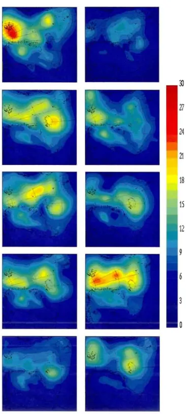 Figure B 2 Time-averaged ensemble variance of the 850hPa geopotential height for ten  different two-member ensembles over 106 by  106 grid-points domain 