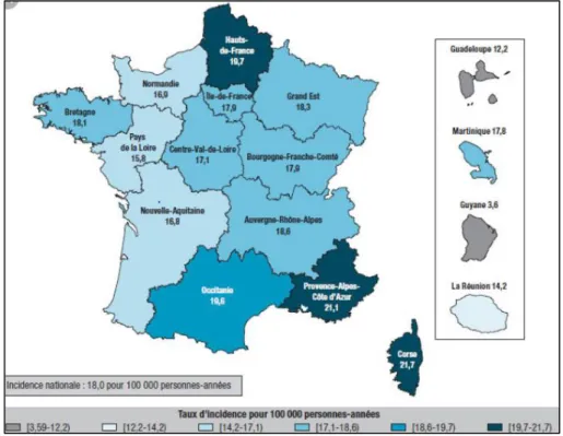 Figure 9 : Taux d’incidence du diabète de type 1 en France chez les enfants, par région, 2013- 2013-2015 