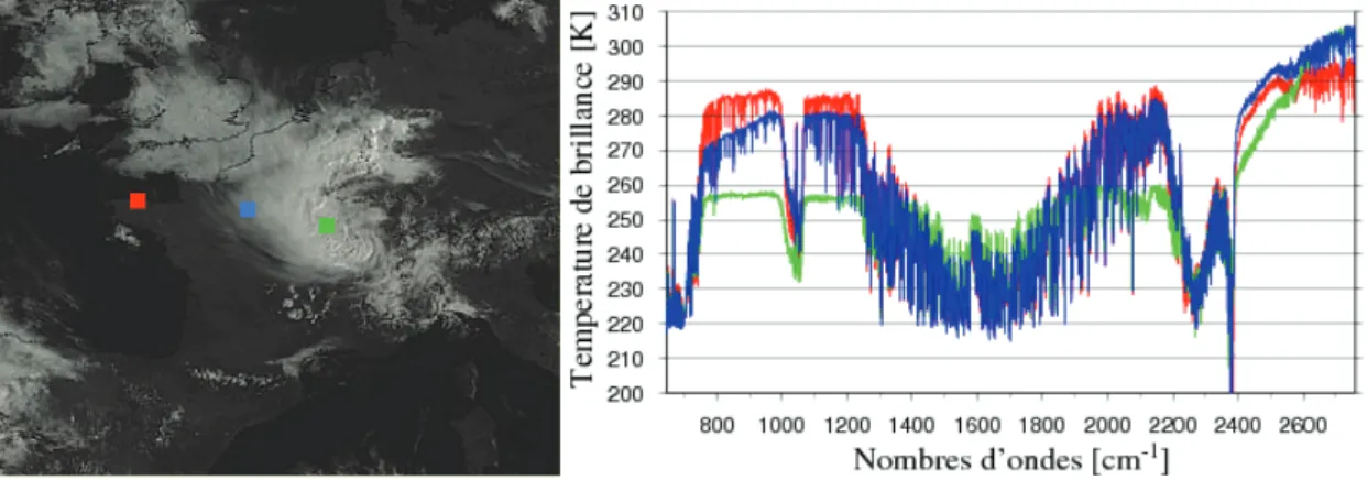 Fig. 1.7 : Image de MSG visible haute résolution du 02 Mai 2012 à 9h00 UTC. Les spectres  de la figure de droite représentent trois mesures de IASI pour le même instant
