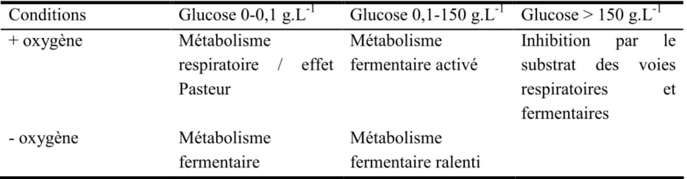 Tableau 3 : Effets conjugués du sucre et de l’oxygène sur la régulation métabolique de la  levure S.cerevisiae (Strehaiano, 1984) 
