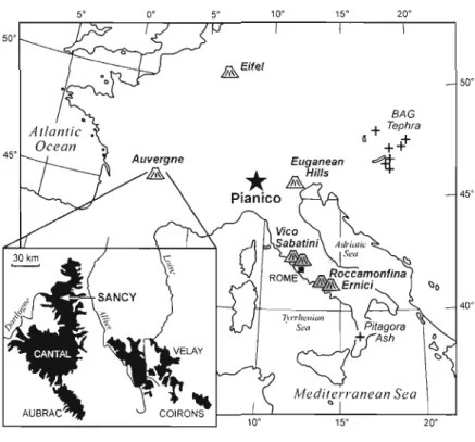 Figure 4 : Carte simplifiée de  l'Europe et  de  la péninsule italienne avec  la localisation de  Piànico et des  volcans  italiens