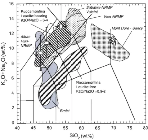 Figure 3.  LOI-free TAS diagram (Le Maitre,  1989)  for the  t21d  tephra (small circles),  t32  (squares) compared  to  the chemical composition ofvolcanic rocks  from  the Northern Roman 