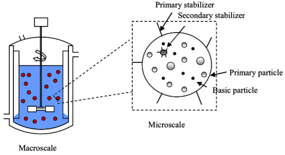 Figure I- 2: Macro and micro scale representation of reactor, monomer droplets and primary particles- particles-processes  from Alexopoulos et al