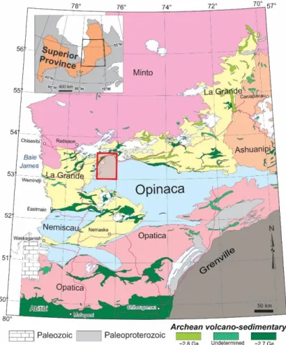 Figure 1 : Carte de la géologie des sous-provinces du nord-est de la Province du Supérieur