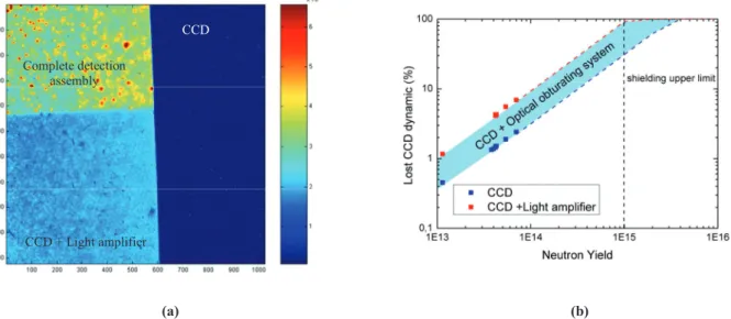 Figure 5. Behavior of fast recording device under nuclear background. (a) Example of background level generated under  10 13  neutron yield on an optical analyzer at 5 m from TCC