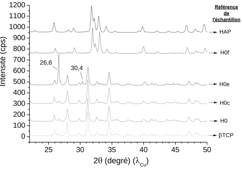 Figure VI.158 : Diagrammes de diffraction des rayons X d’échantillons synthétisés par hydrolyse du βTCP à 100 °C avec un temps de réaction de 1 et 6 jours (échantillons H0 et  H0c), à 100 °C avec un temps de réaction de 2 jours et un pH acidifié avec HClO 