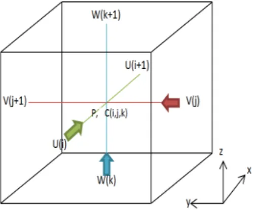 Figure 3.1: Maillage décalé et disposition des variables dans une maille de pression.