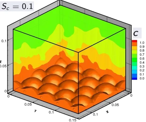 Figure 5.3: Concentration instantanée à t = 50T , Sc = 0, 1. L'iso-surface représentée est c = 0.97 