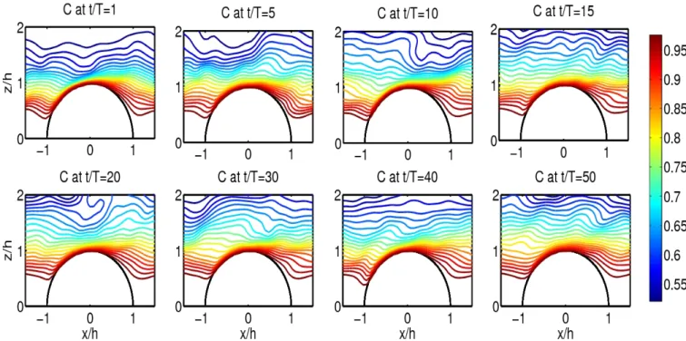 Figure 5.4: Contours du champ moyen spatial inter-motif de concentration pour Sc = 0.1.
