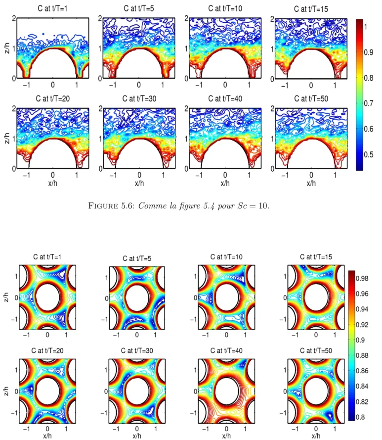 Figure 5.7: Contours de la concentration moyenne spatiale inter-motif pour Sc = 0.1. Vue de dessus en z/h = 0.5.