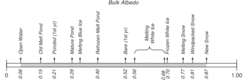 Figure 2.4 – Wavelength-integrated albedos for different surface types on Arctic sea ice.[3]