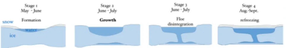 Figure 2.5 – Summary of melting and refreezing cycle of melt ponds in Arctic in one snapshot.