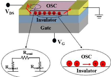 Figure 1.11 Schematic diagram of an organic thin film transistor with metal–semiconductor and  insulator-semiconductor interfaces