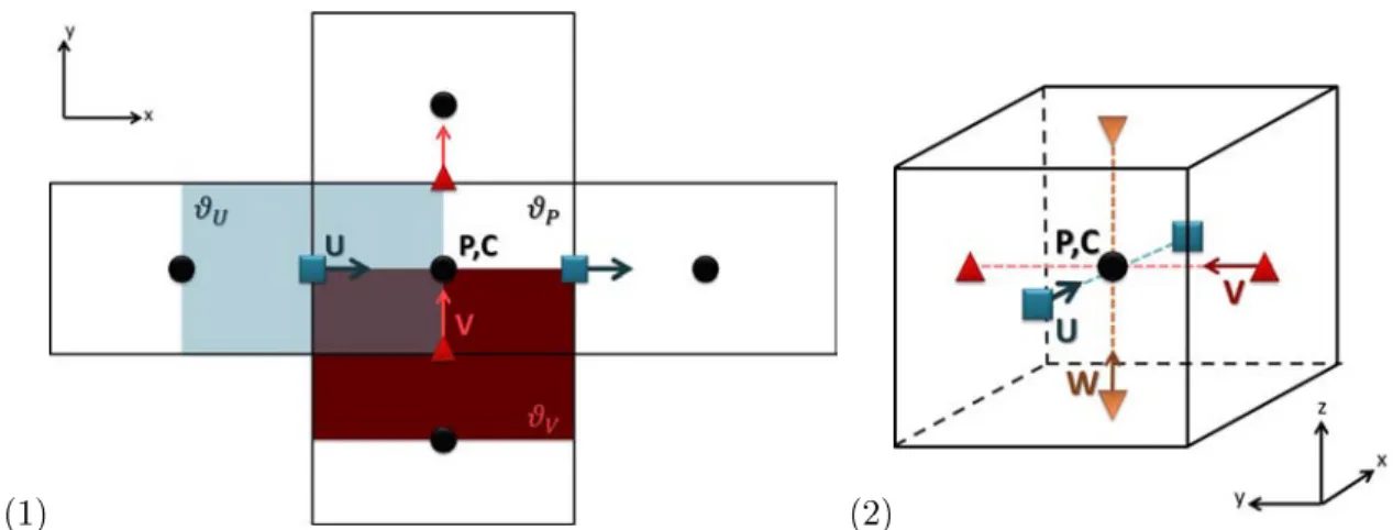 Figure 2.1  Position des noeuds de pression, de vitesse, et de taux de présence de phase sur le maillage décallé en deux dimensions (1) et trois dimensions (2)