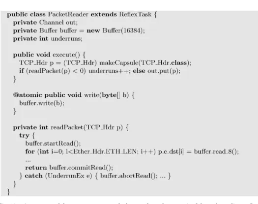 Fig. 12. An excerpt of the PacketReader task that reads packets received from the ordinary Java thread and pushes them down in the graph