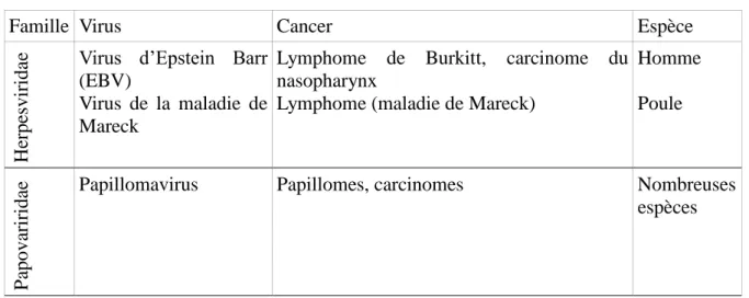 Tableau 4 : Agents viraux et cancers associés chez diverses espèces 