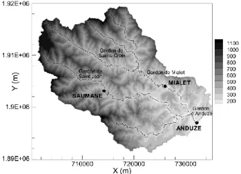 Fig. 4. Gardon d’Anduze river basin and elevations (m).