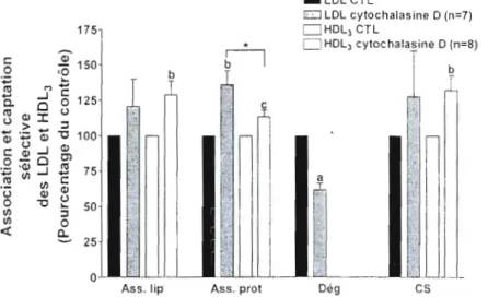 Figure  5:  Effet  de  la  cytochaJasine D  sllr  l'association  lipidique,  protéique  et  sur  la  captation  sélective  des  EC-LDL  et  EC-HDL J •  Les  cellules  HepG2  ont  été  pré-incubées  1 h  à  37  oC  avec  50  I-tM  de  cylochalasine D  avant