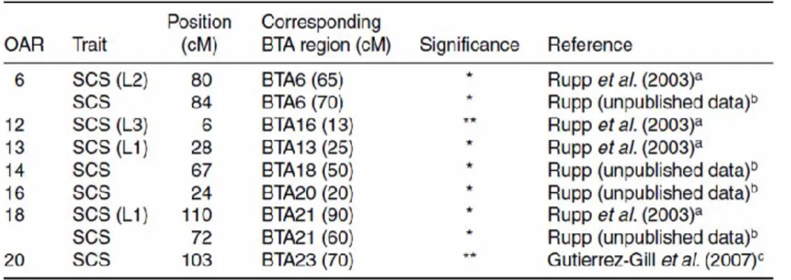 Tableau  5  :  QTL  pour  la  résistance  aux  mammites  (SCS)  chez  les  brebis  laitières  (revue  de  Rupp  et  Foucras 2010) 