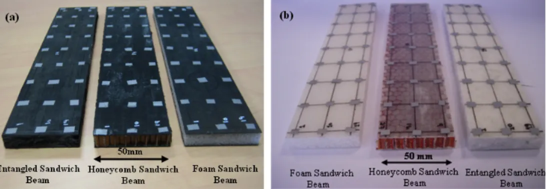 Fig. 1 The six sandwich beams tested in this article with (a) carbon prepregs and (b) glass woven fabric as skin materials   Sandwich  beams  have  entangled  carbon  fiber,  honeycomb  and  foam  as  core  materials