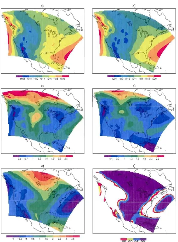 Fig. 11  Same  as  in  figure  7,  for  sea  level  pressure  (SLP)  in  units  of hPa  for  means  and  hPa 2  for  variances