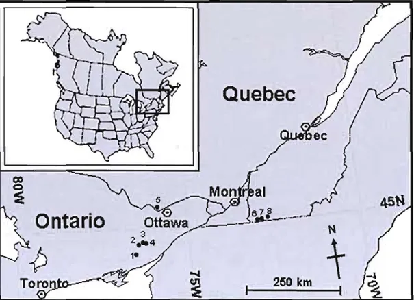 Figure  lA.  Location of the eight known Canadian populations of Blunt-lobed  Woodsia